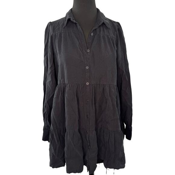 ZARA Black Mini Shirt Dress Denim Tiered Pleated Collared Button-Up Sz M Medium - Picture 1 of 7